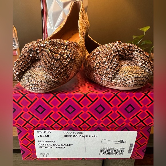 Authentic Brand new Tory Burch Crystal bow ballet metallic tweed_rose gold multi - Picture 4 of 14